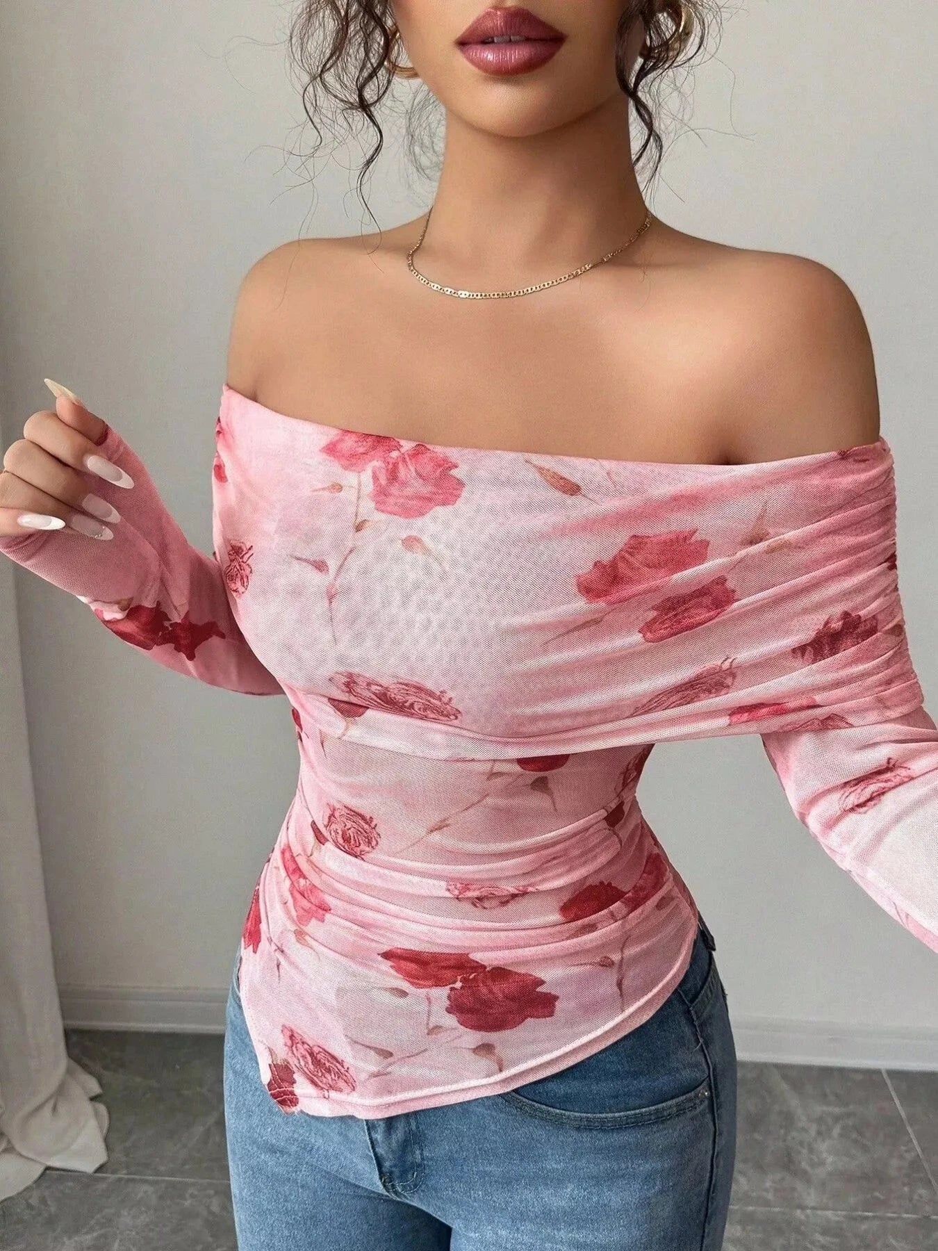 Floral Print Off-Shoulder Mesh Top Simply Love