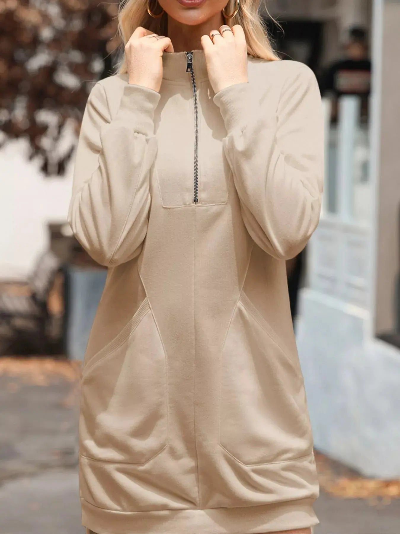 Zip Up Collared Ribbed Patchwork Sweatshirt Dress with Pockets Simply Love