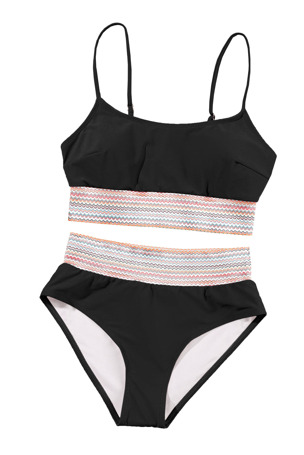 Trendy black striped high waist bikini with spaghetti straps and patchwork design