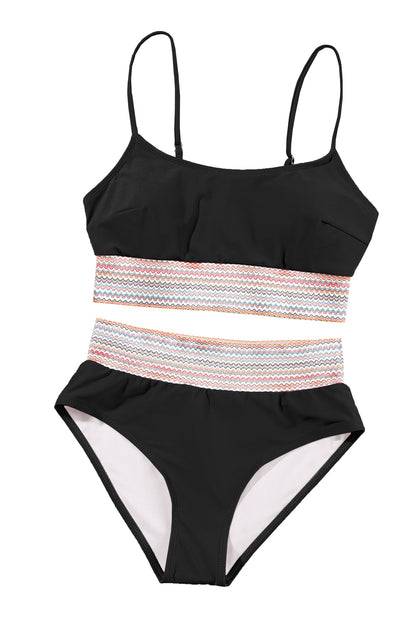 Trendy black striped high waist bikini with spaghetti straps and patchwork design