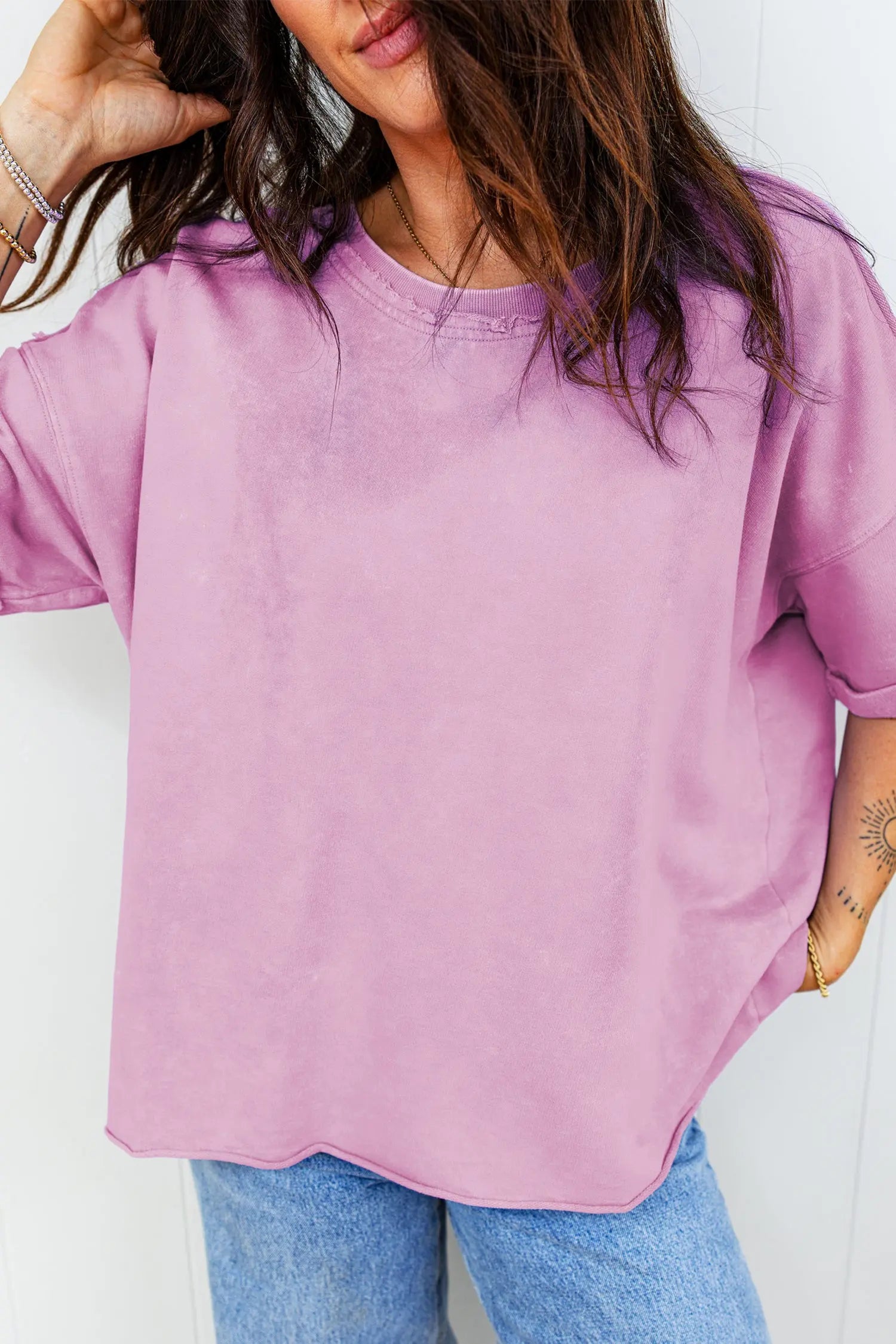 Lavendula Mineral Wash Drop Shoulder Loose Tee With Raw Edge Dear-Lover Dropshipping