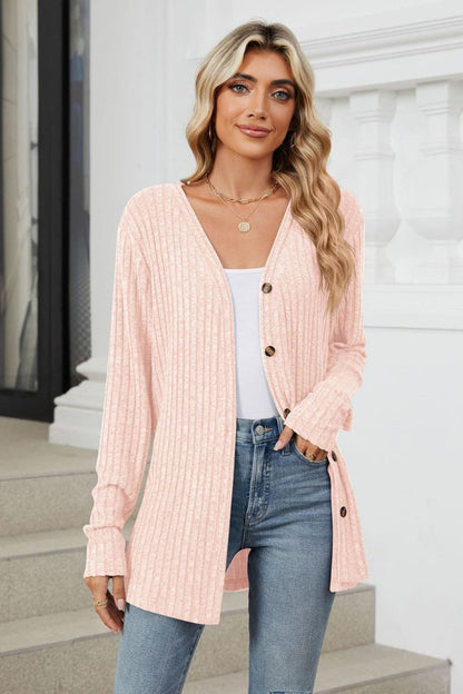 Ribbed Button Up Long Sleeve Cardigan.