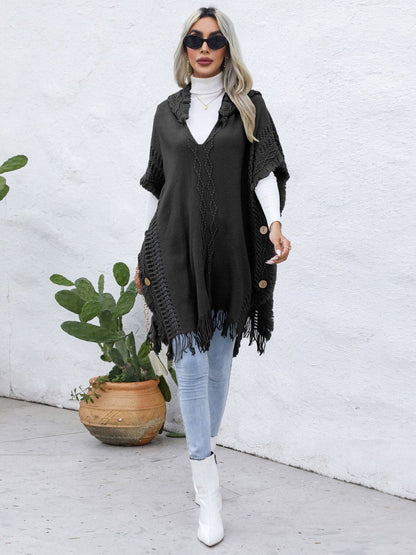 Fringe Trim Buttoned Hooded Poncho.