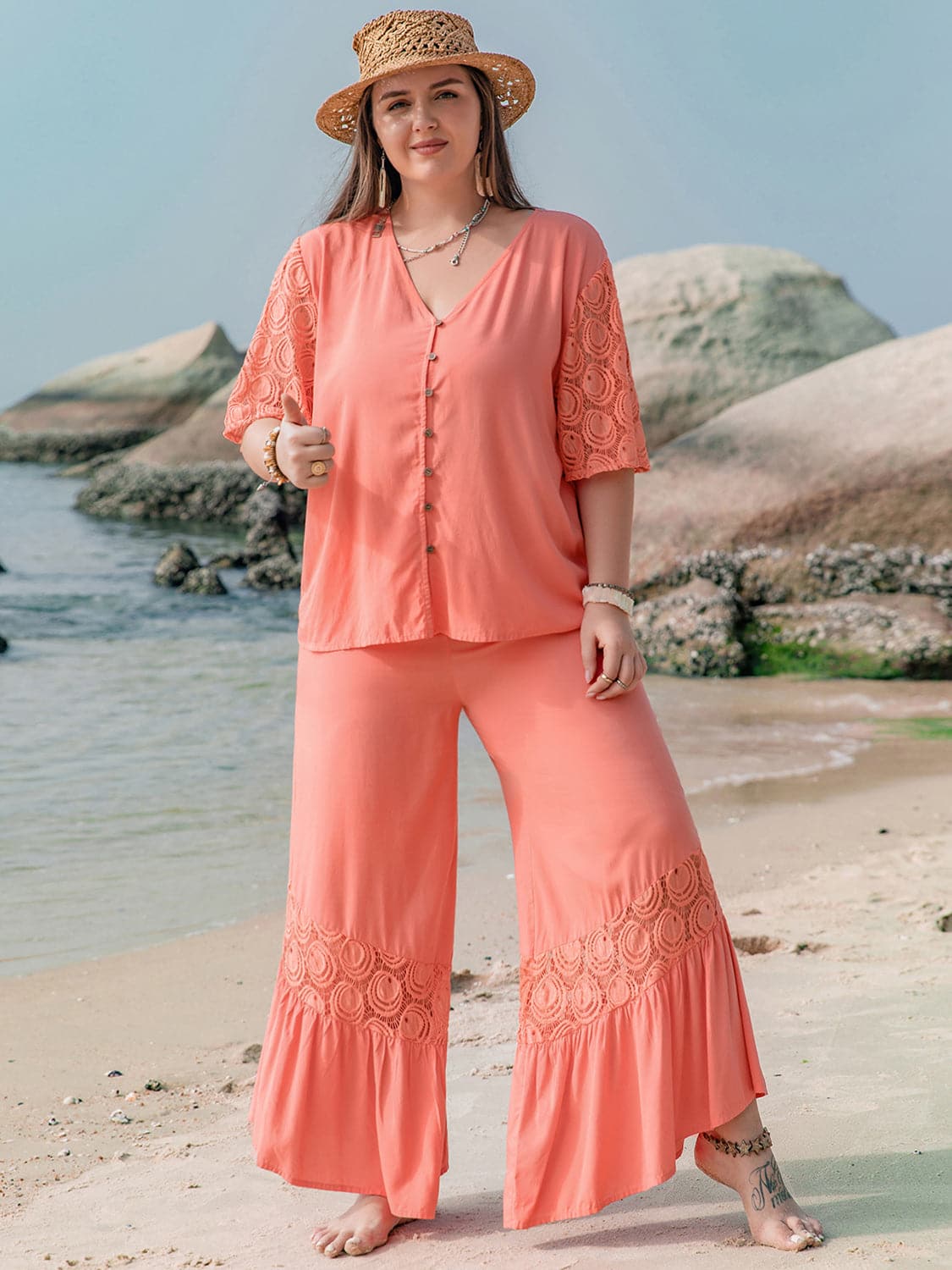 Plus Size Button Up Half Sleeve Top and Pants Set.