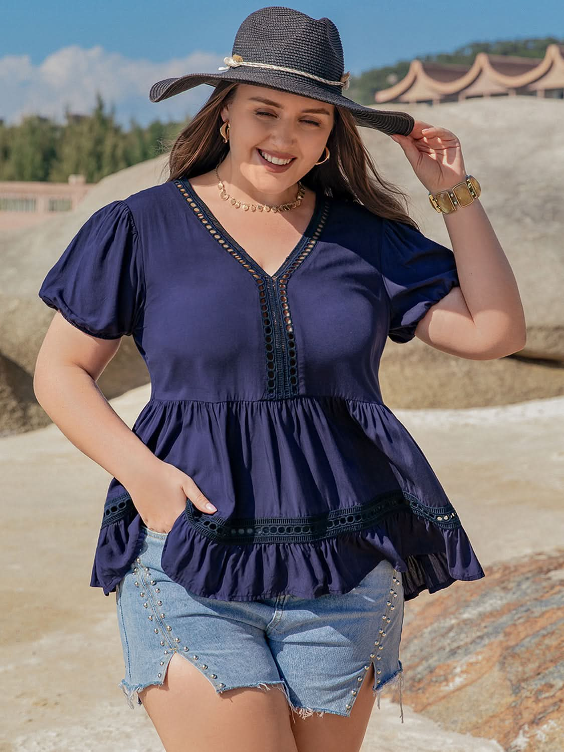 Plus Size V-Neck Peplum Blouse with Short Sleeves