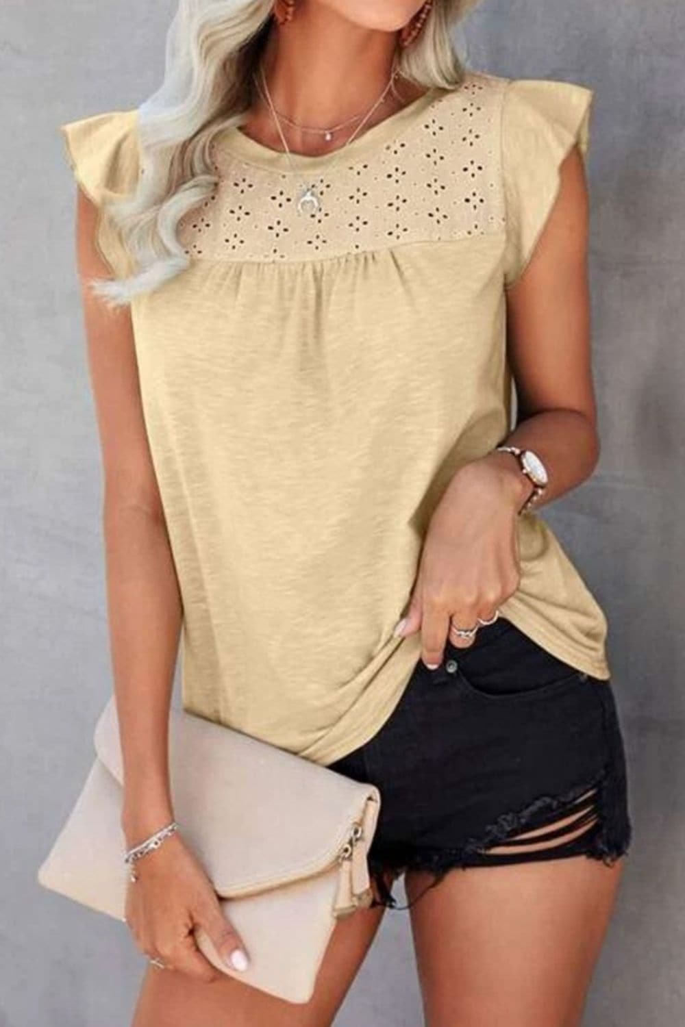 Sheer ruffled cap sleeve tee