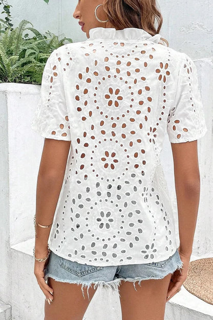 Eyelet Frill Short Sleeve Blouse.