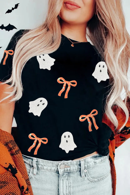 Premium Black Sequin Bow Ghost Patch Halloween Graphic Tee