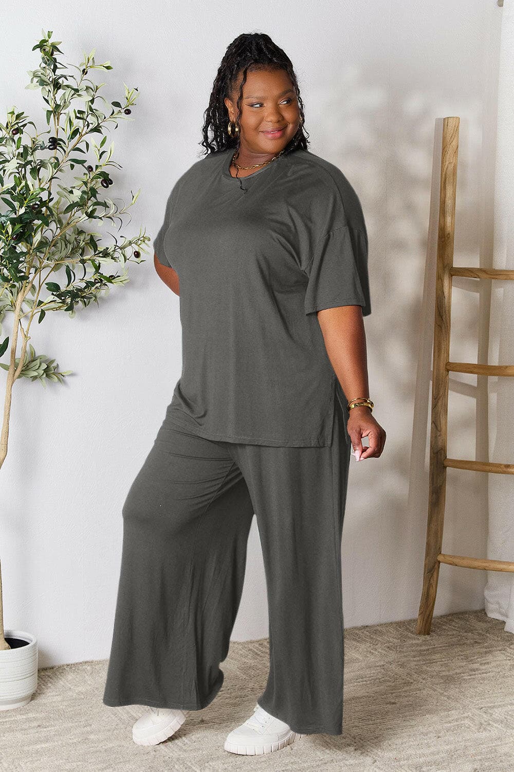 Double Take Full Size Round Neck Slit Top and Pants SetUpgrade Your Style with the Double Take Set
 Step into sophistication with our Double Take Full Size Round Neck Slit Top and Pants Set. This chic and versatile two-pLove Salve Full Size Round Neck Slit Topusa