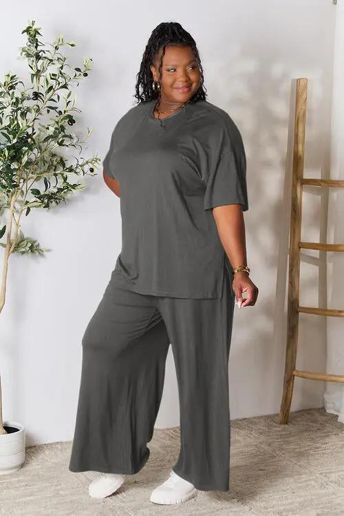 Double Take Full Size Round Neck Slit Top and Pants Set - Love Salve