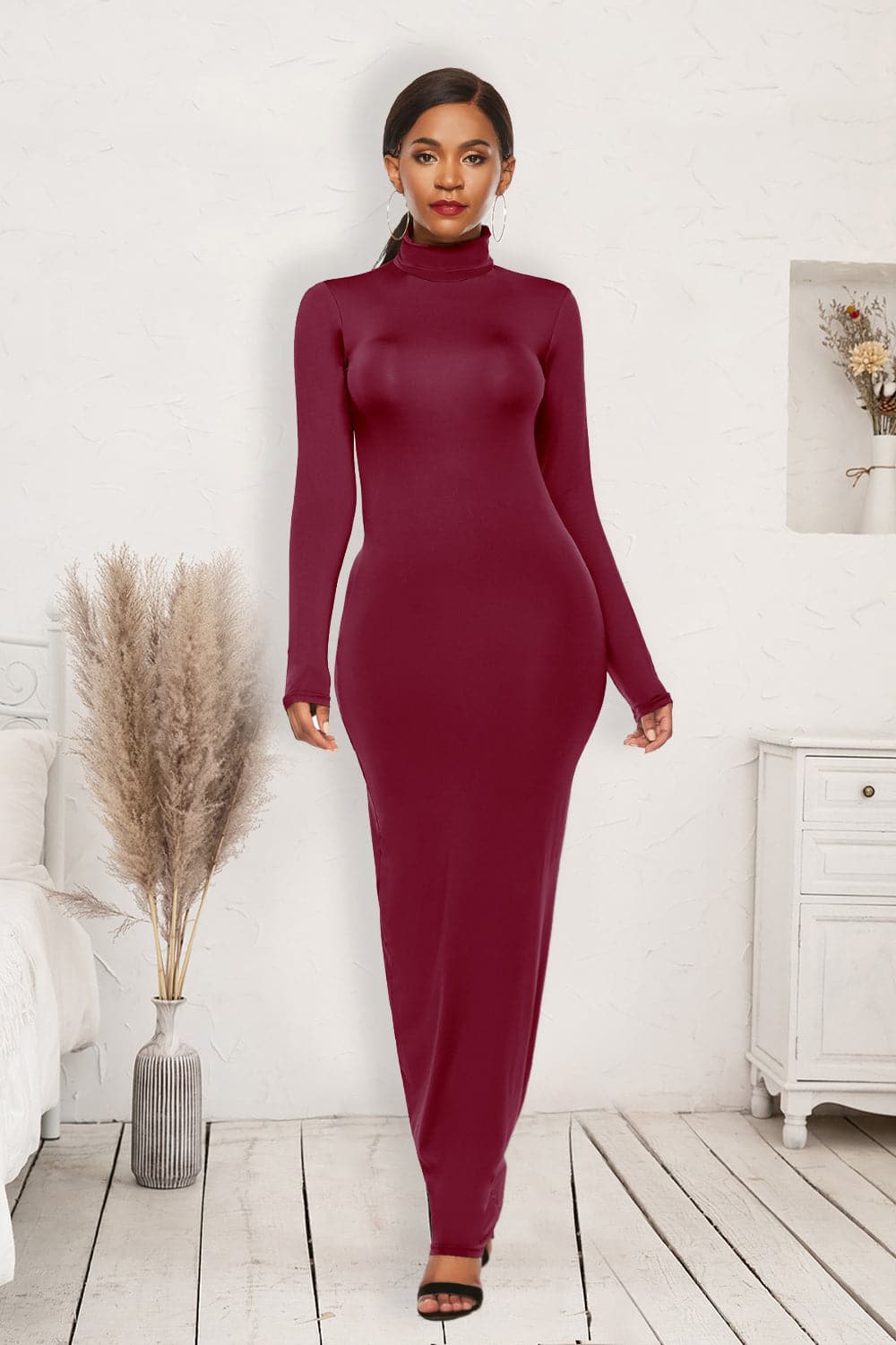 Mock Neck Long Sleeve Maxi Slim Dress.