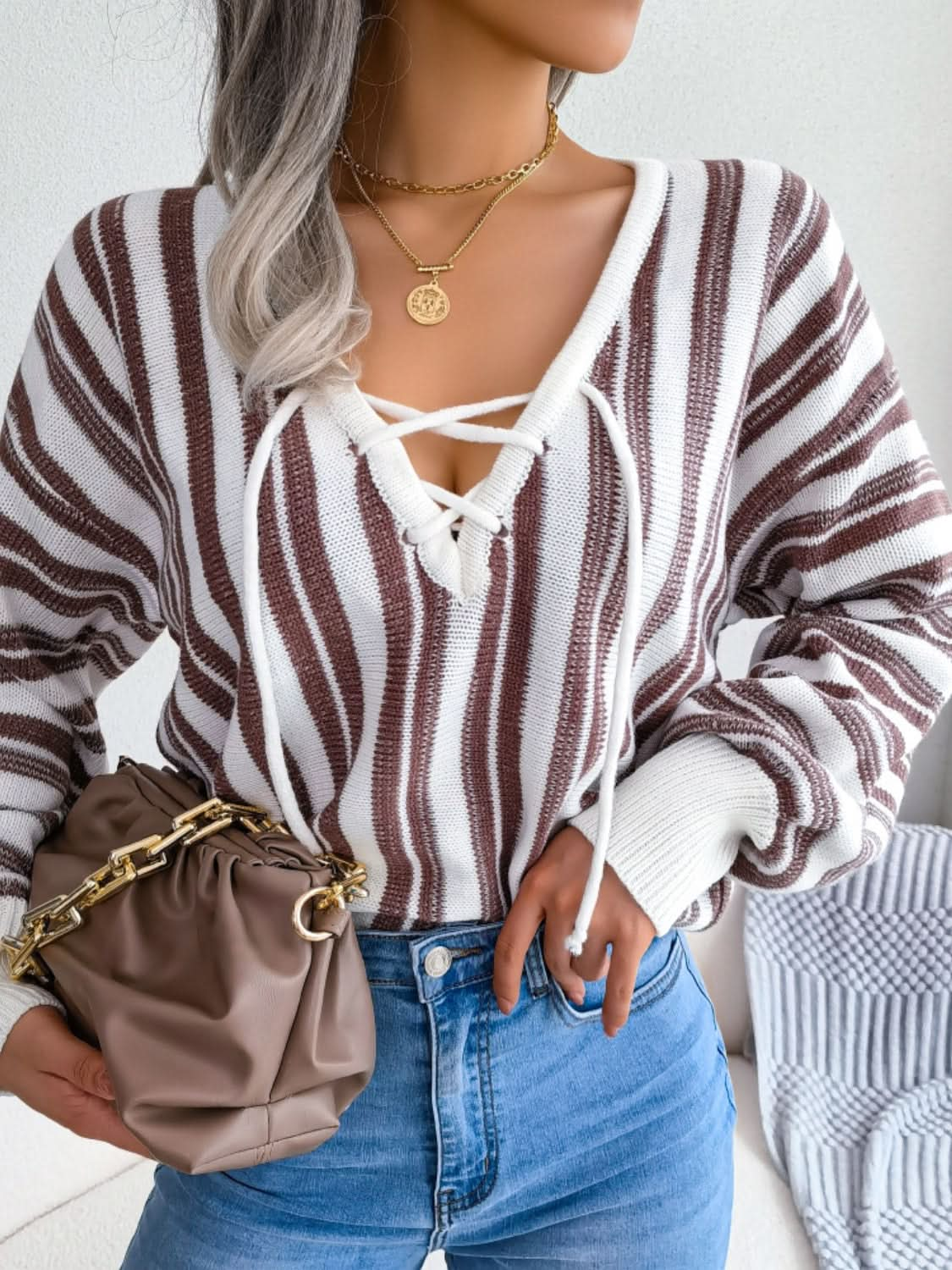 Lace-up striped long sleeve sweater