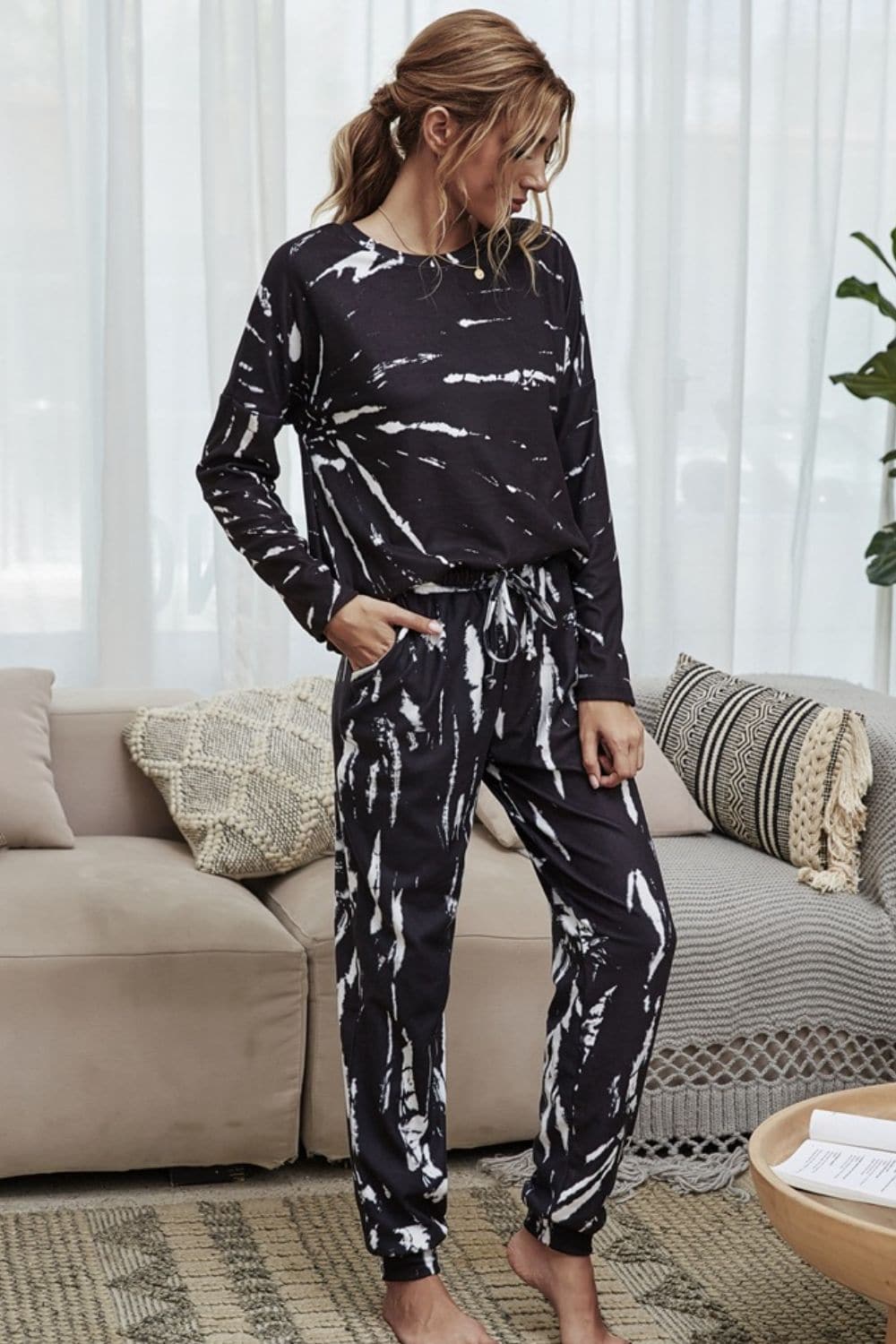 Tie-Dye Round Neck Top and Drawstring Waist Joggers Lounge Set.