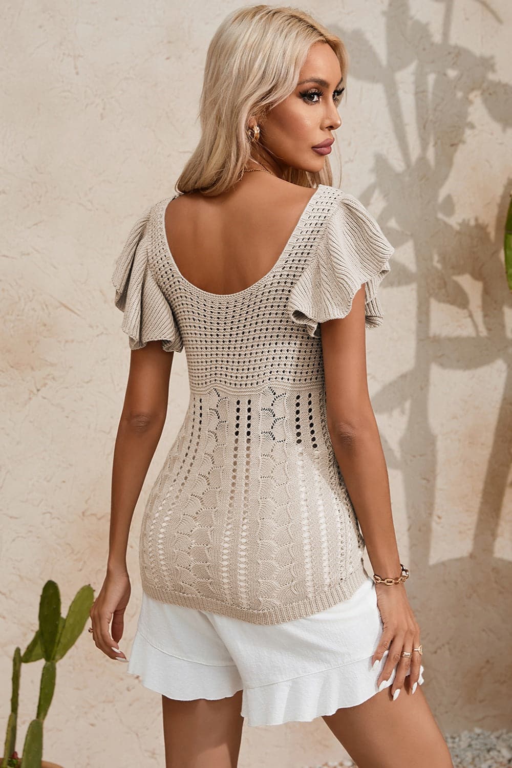 Full Size Openwork Flutter Sleeve Knit Top.