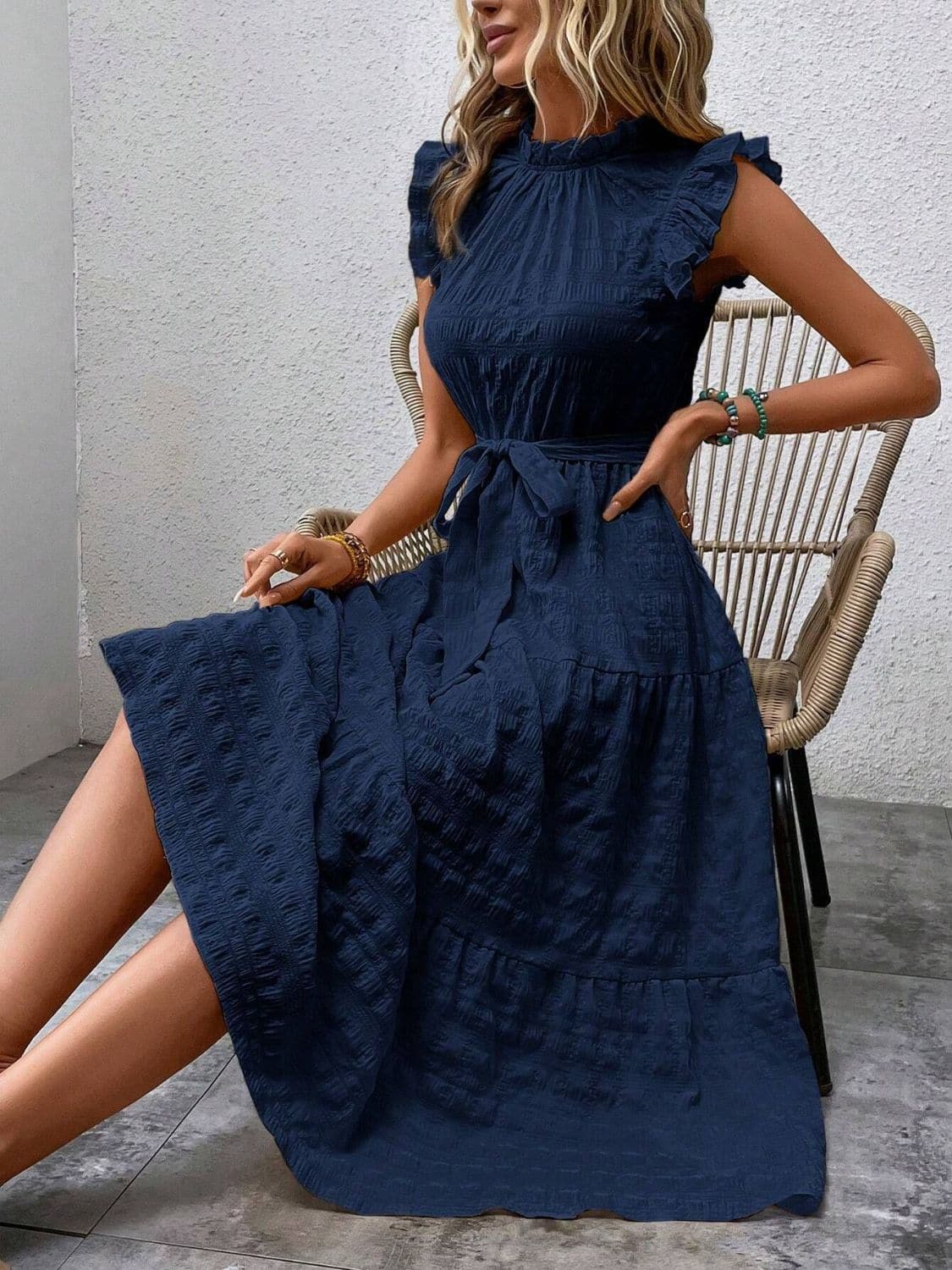 Tied Ruffled Cap Sleeve Midi Dress.