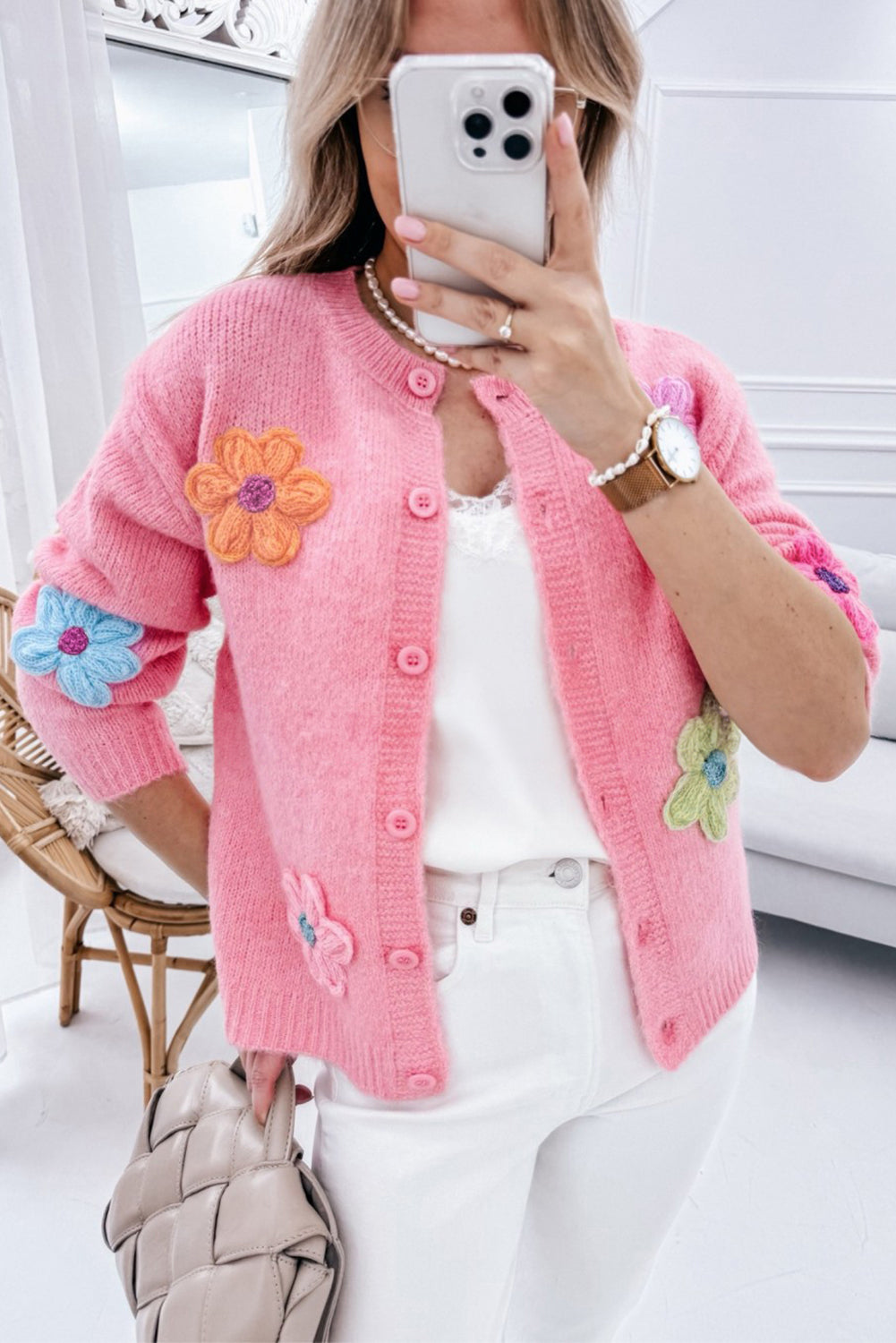 Charming pink floral knitted cardigan with button detail