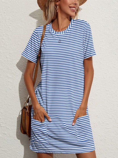 Pocketed Striped Round Neck Short Sleeve Dress.