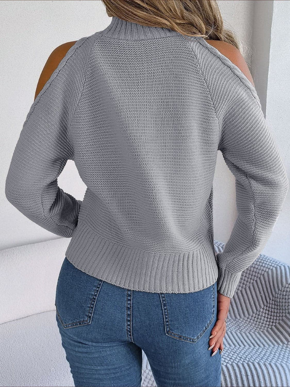 Cable-Knit Turtleneck Cold Shoulder Sweater.