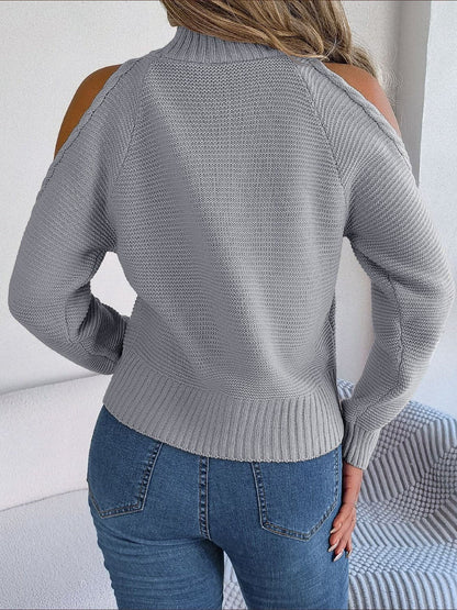 Cable-Knit Turtleneck Cold Shoulder Sweater.