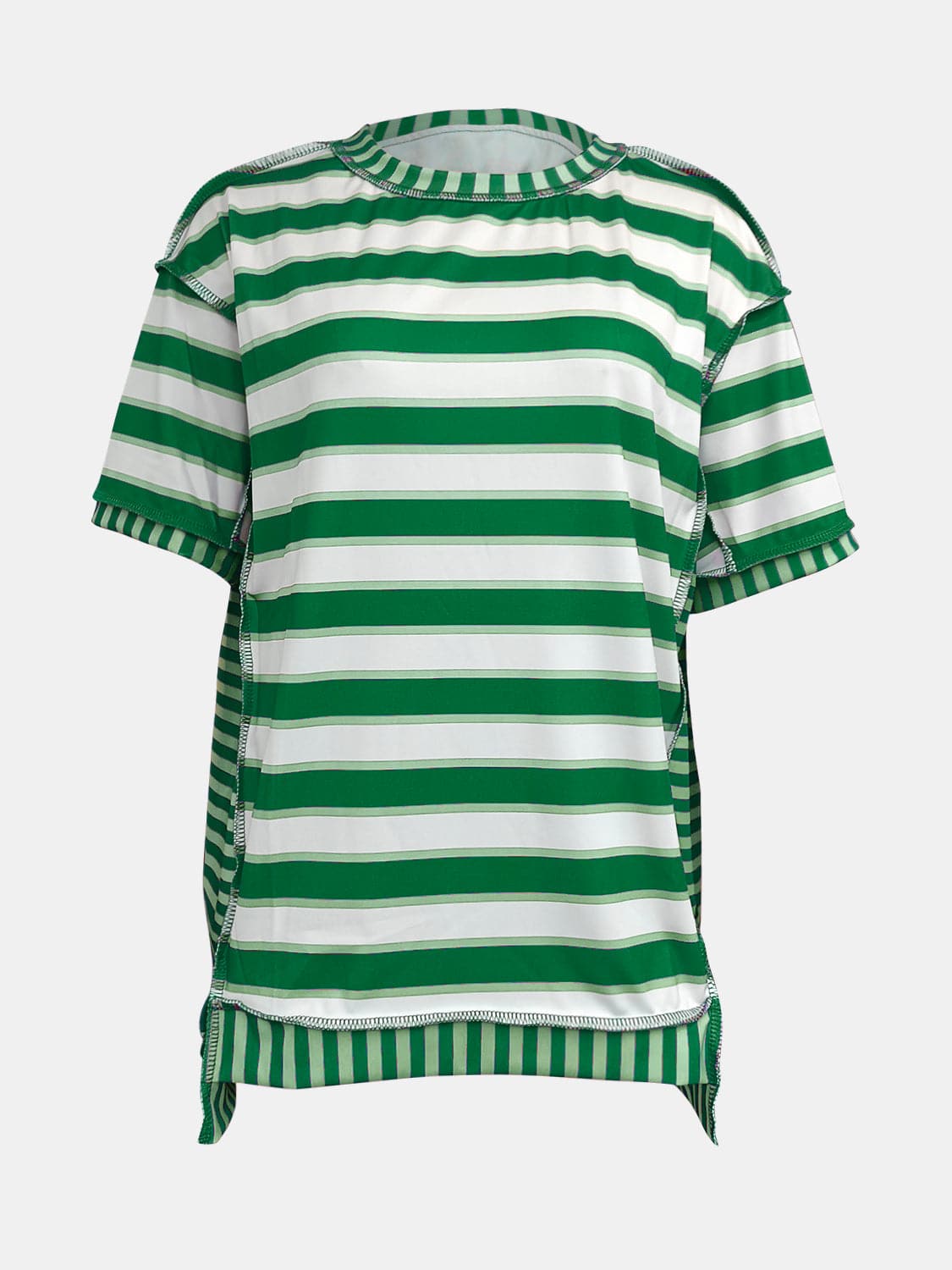 Full Size Contrast Stitching Striped Round Neck T-Shirt.