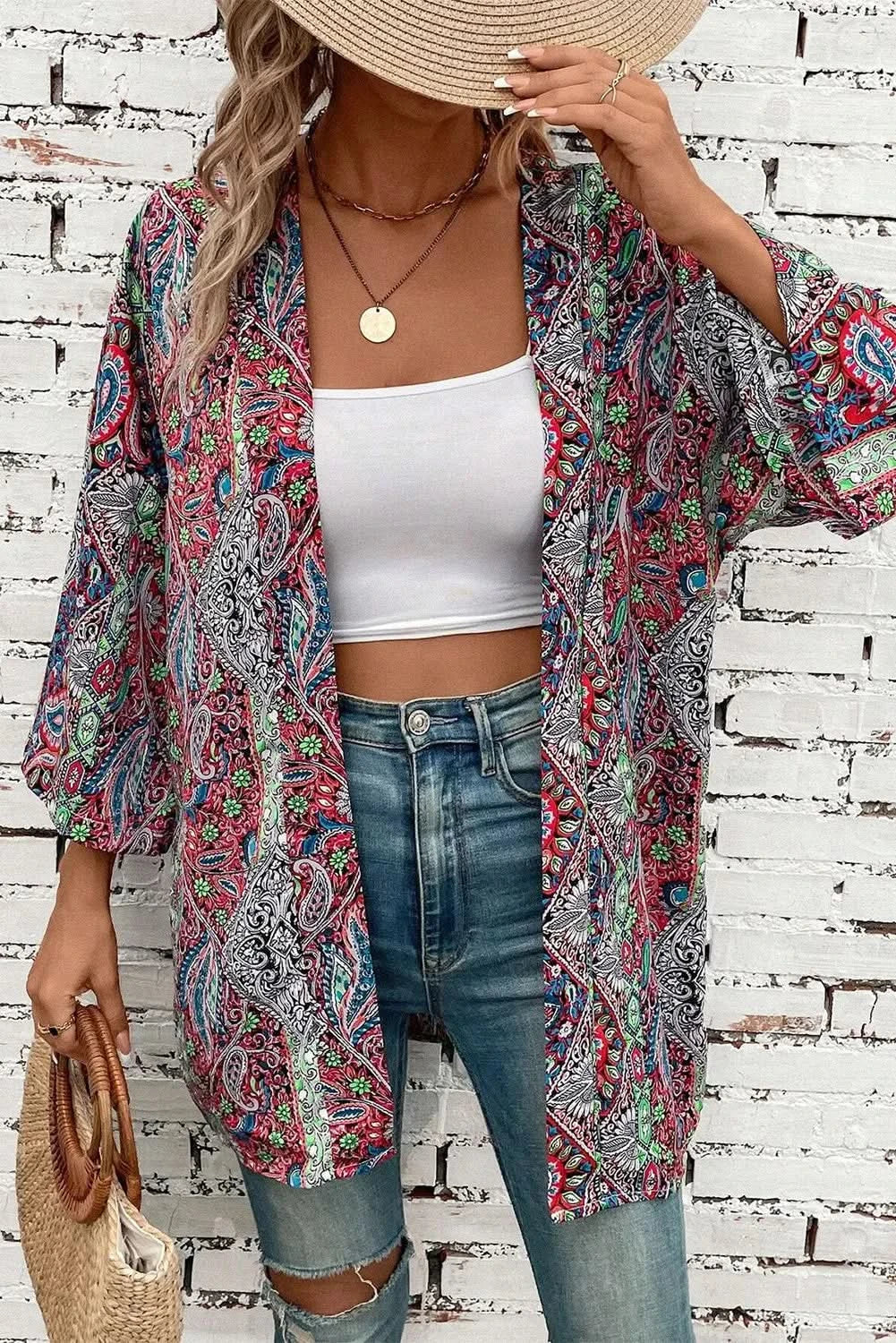 Sheer printed kimono cover up