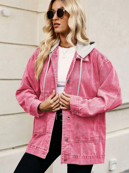 Oversized Button Up Denim Jacket with Hood
