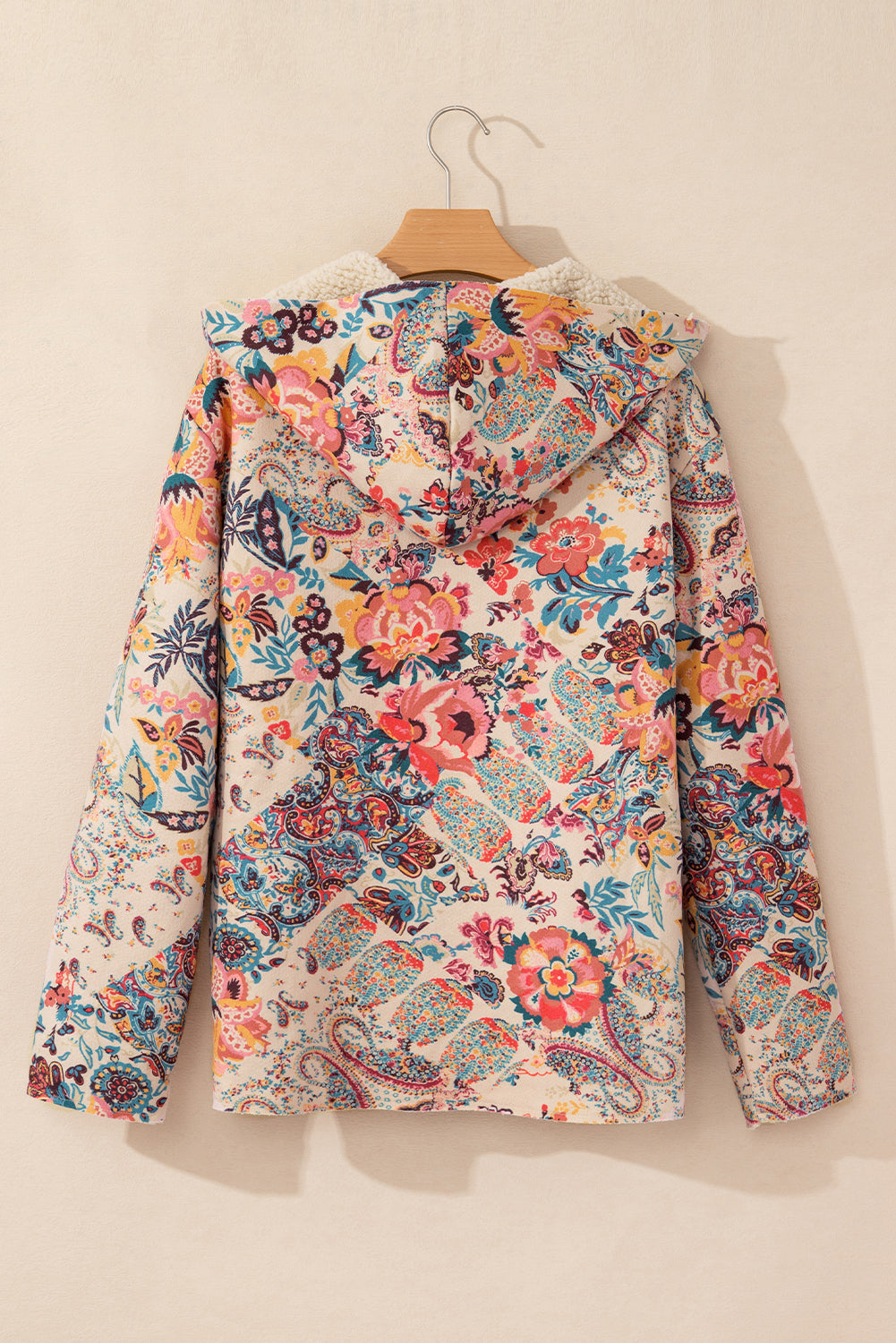 Beige floral paisley hooded Sherpa jacket for a vintage vibe