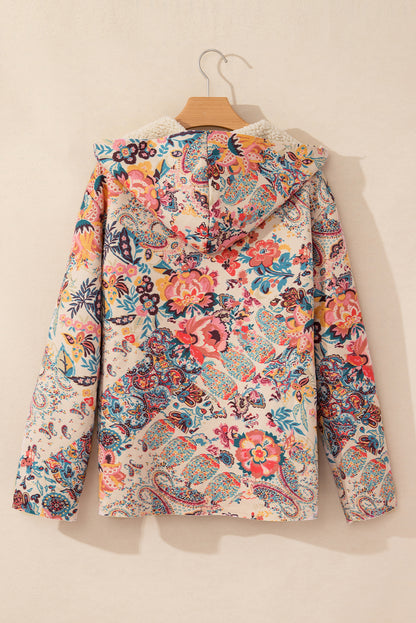 Beige floral paisley hooded Sherpa jacket for a vintage vibe