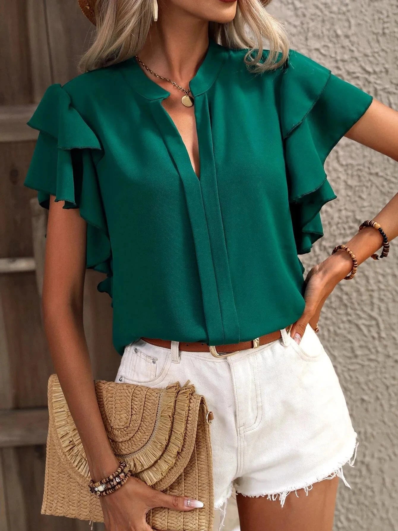 Ruffle Sleeve Notched Blouse Coco’s Tee Boutique