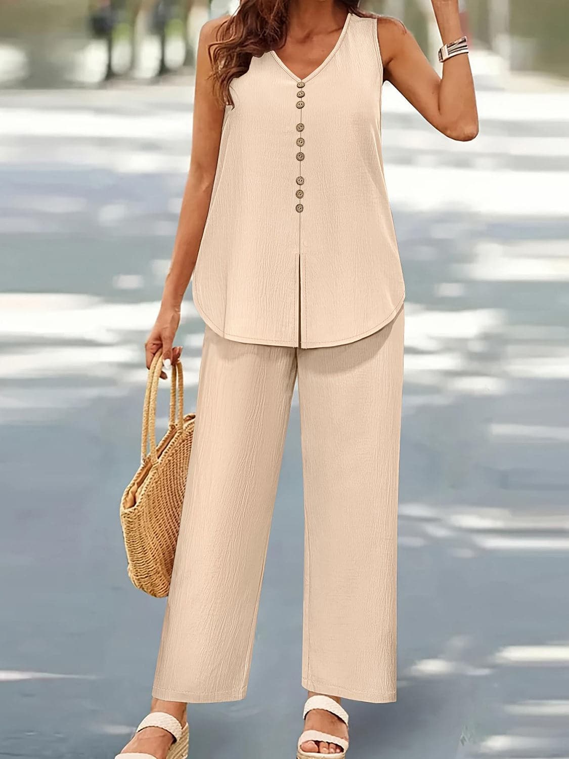 Plus Size Decorative Button V-Neck Top and Pants Set.