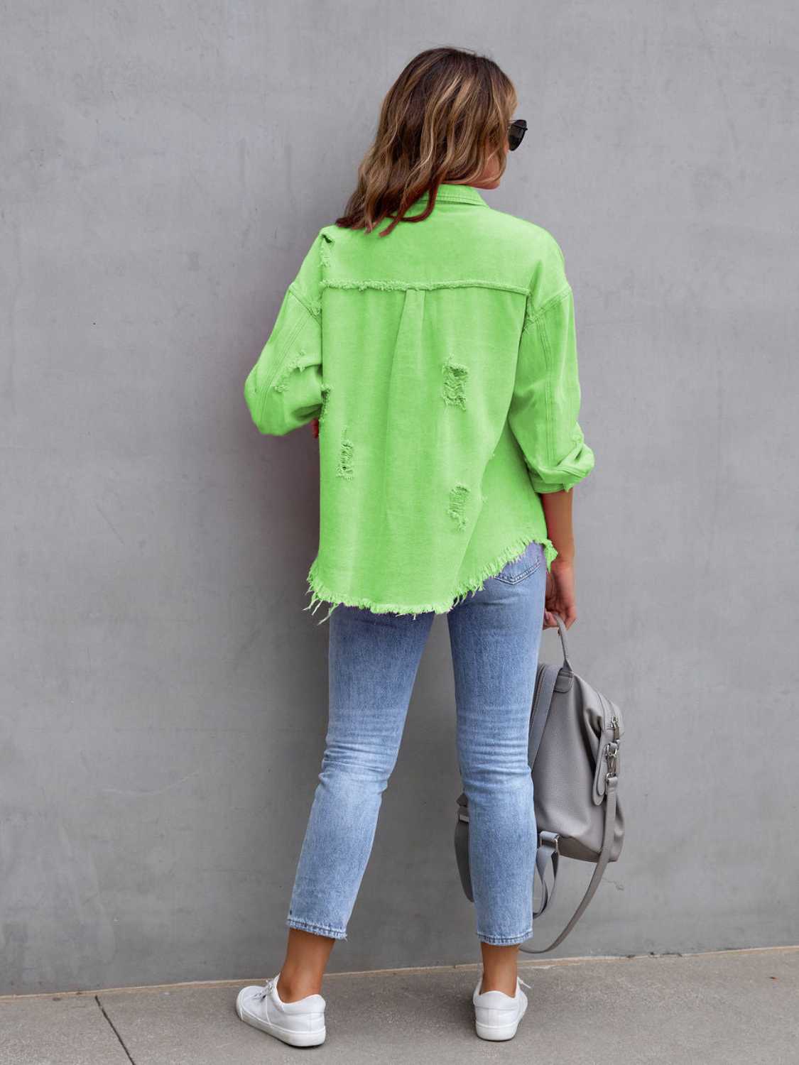 Distressed Drop Shoulder Denim Jacket Coco’s Tee Boutique