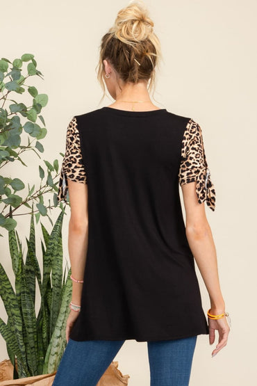 Celeste Full Size Open Tie Sleeve Leopard Color Blocked Top.