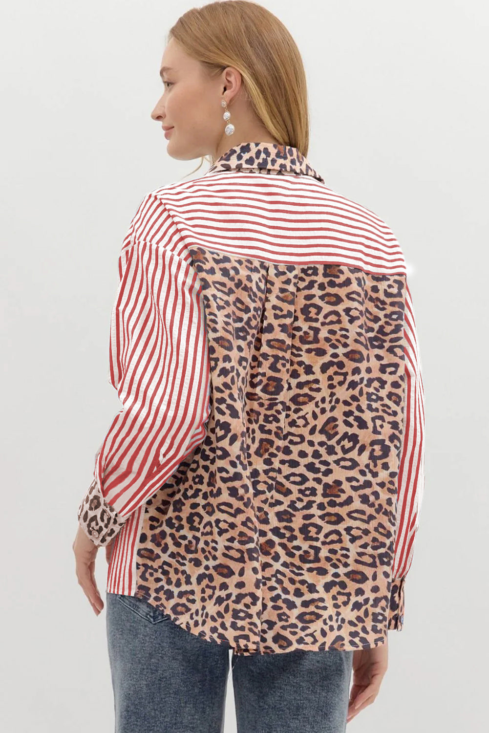 Racing Red Striped Leopard Print Patchwork Button Up Womens Shirt Dear-Lover Dropshipping