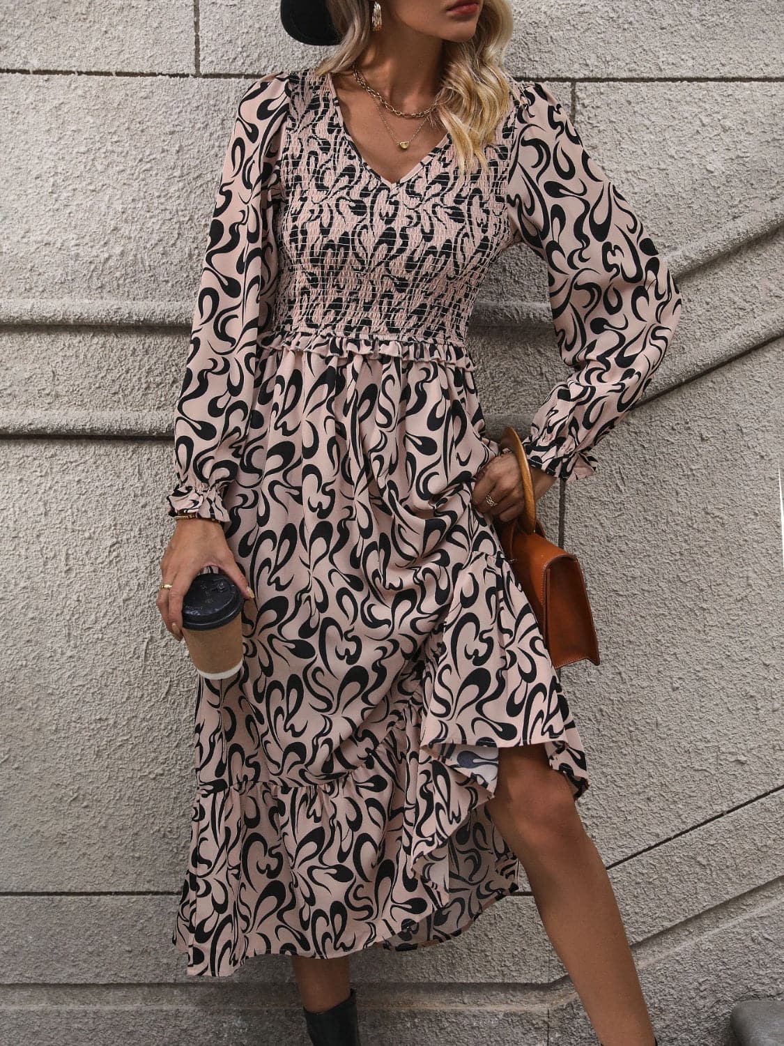 Printed V-Neck Long Sleeve Midi Dress.