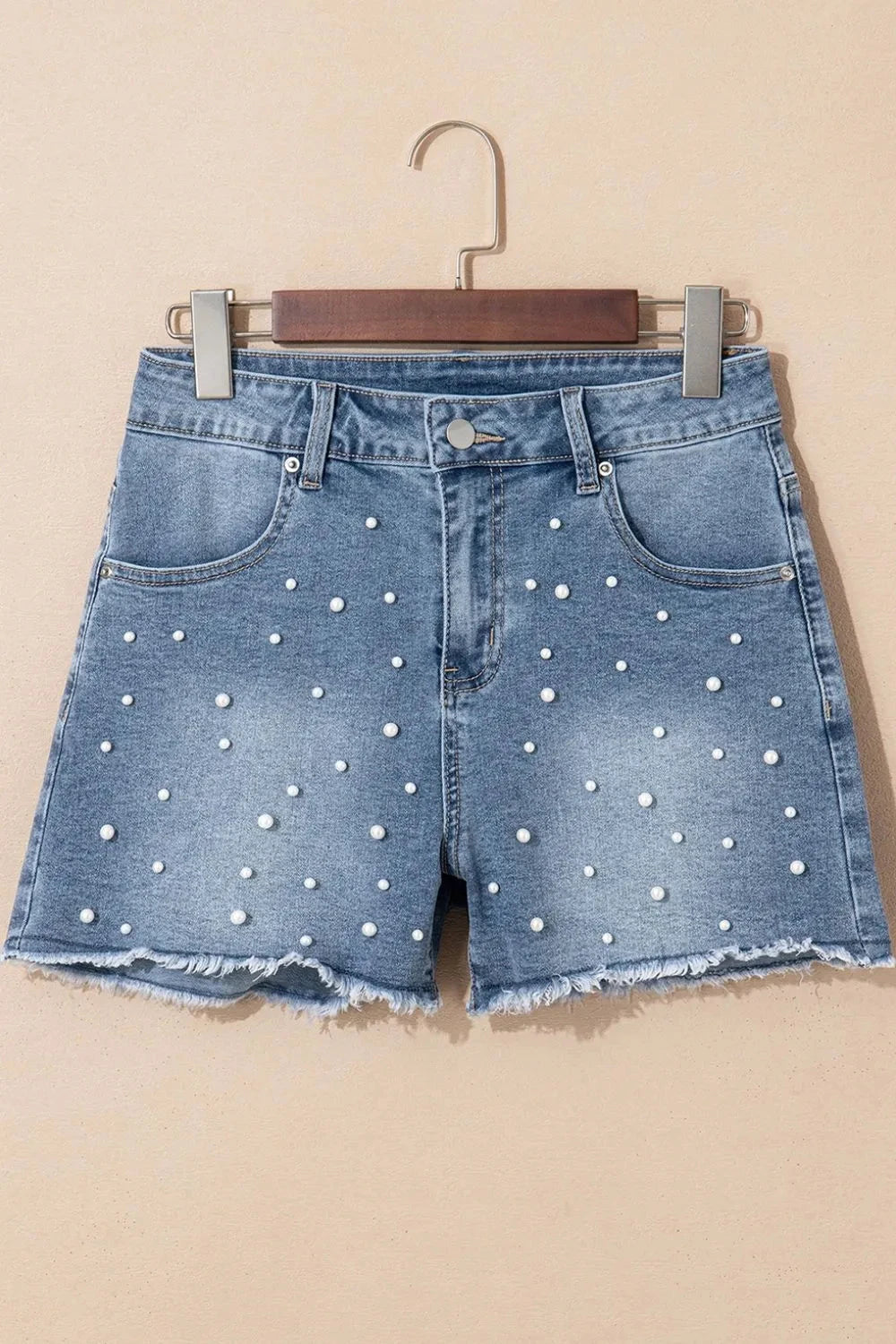 Pearl Beaded Raw Hem Wash Denim Shorts Simply Love