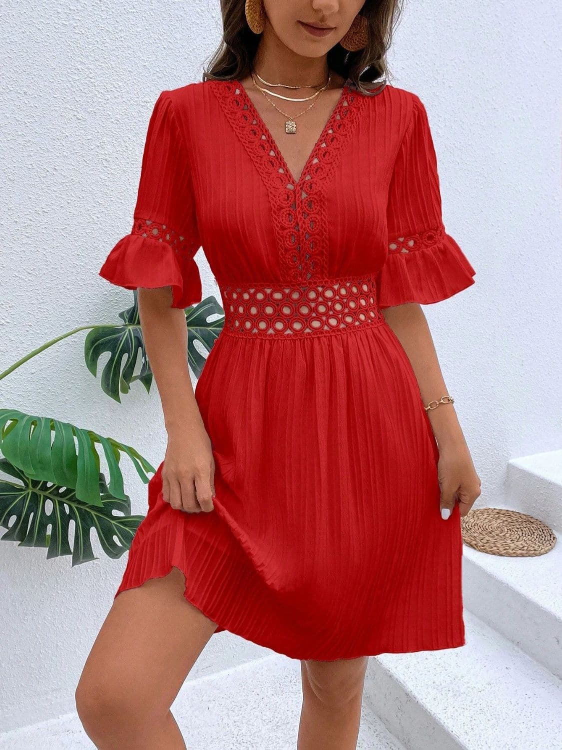 Cutout V-Neck Flounce Sleeve Mini Dress.