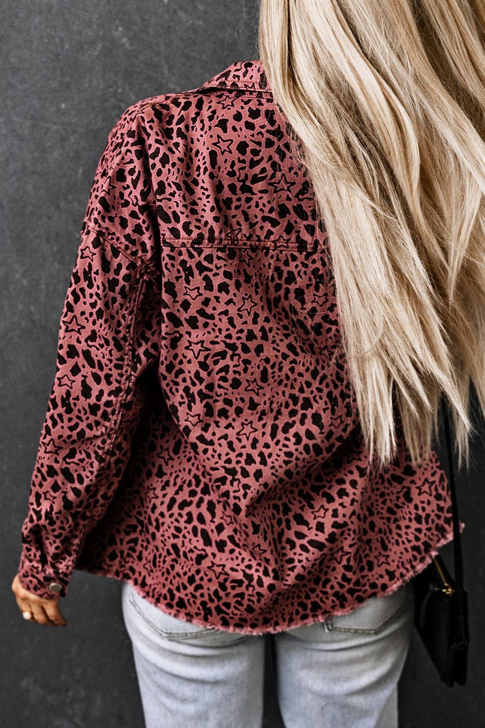 Leopard Raw Hem Button Up Denim Jacket.