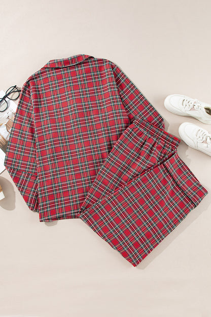 Cozy chic: Plus size red plaid shirt and pants lounge set