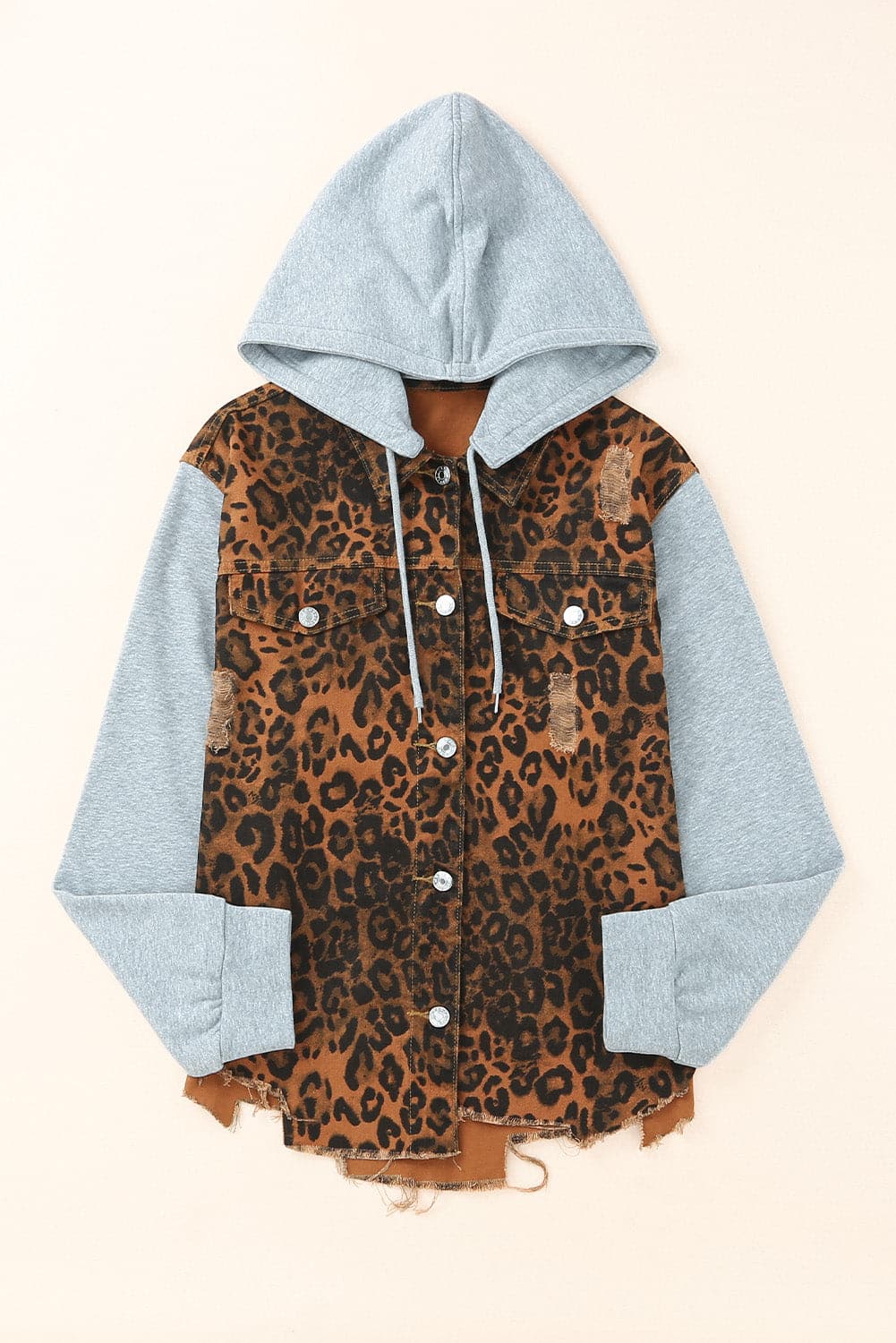 Leopard Distressed Drawstring Hooded Denim Jacket.