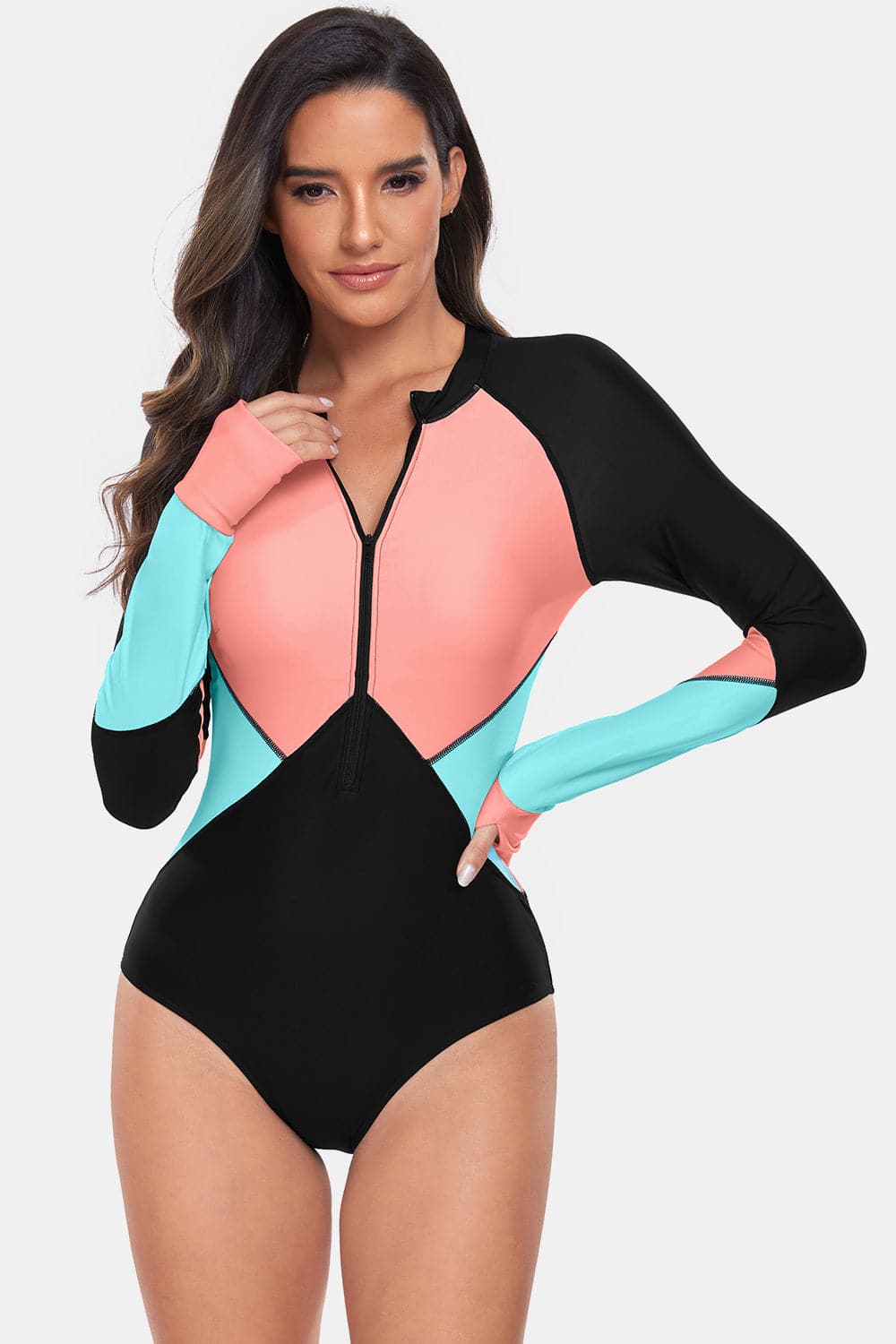 Color Block Half Zip Long Sleeve One-Piece Swimwear.