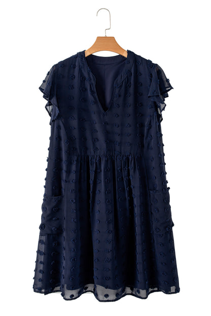 Navy Blue Dotty Textured Notched Neck Plus Ruffled Dress