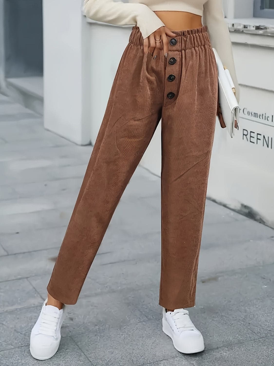 Decorative Button High Waist Pants.