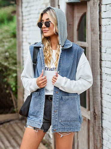 Button Up Sleeveless Denim Jacket with Pockets.