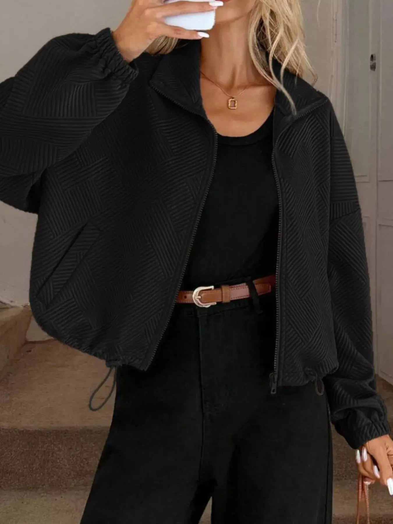 Textured Zip-Up Drawstring Hem Jacket Simply Love