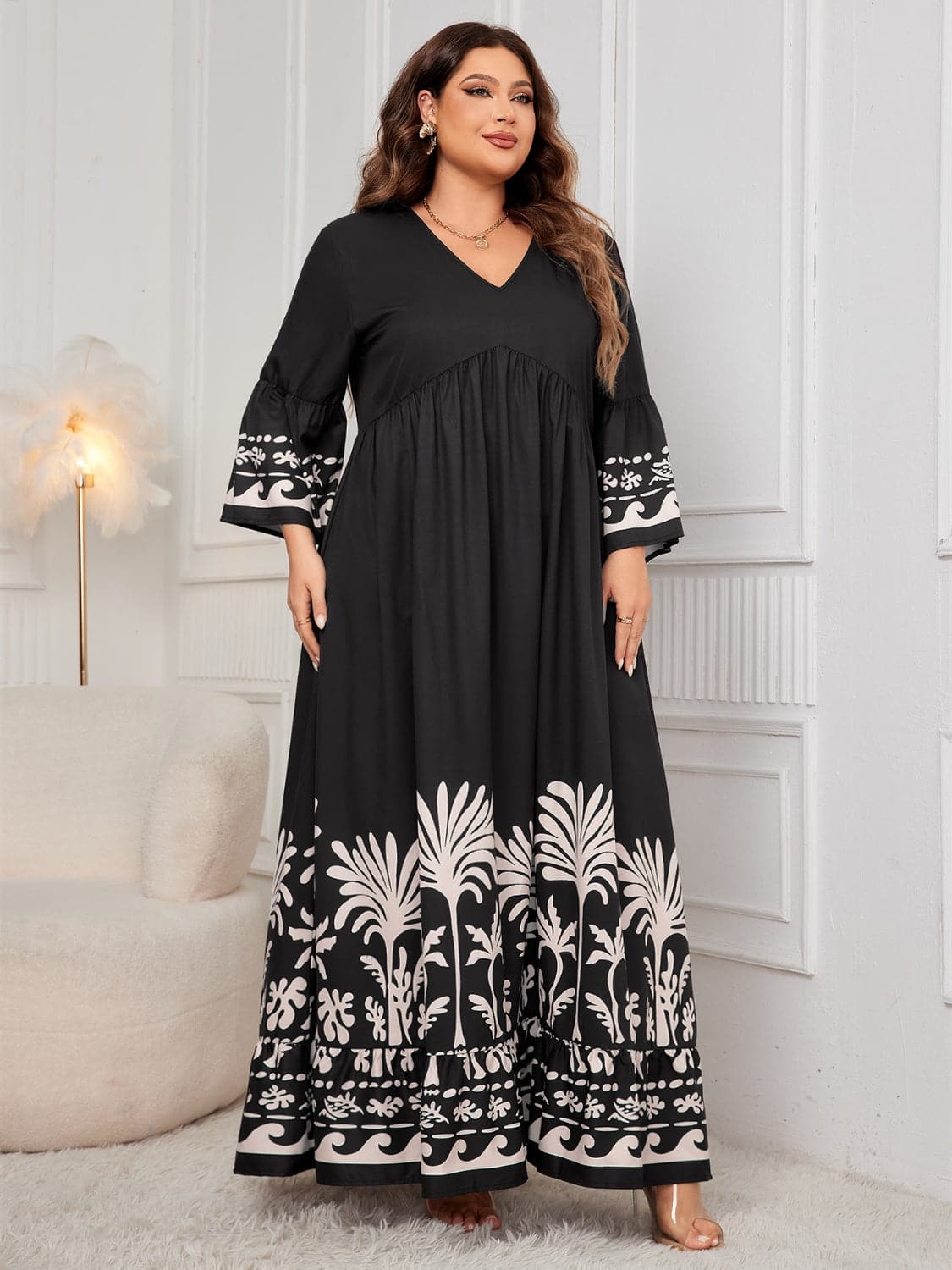 Plus Size Printed V-Neck Long Sleeve Maxi Dress.