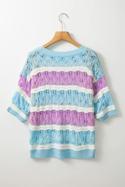 Purple Striped Crochet Color Block Half Sleeve Sweater