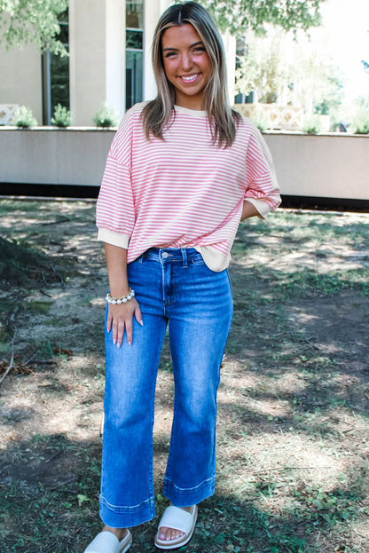 Pink Striped 3/4 Sleeve Relaxed Fit Top