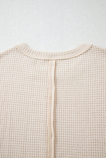 Pale Khaki Solid Color Textured Seamed Short Sleeve Top