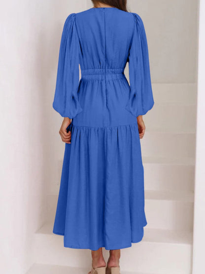 Deep V-Neck Balloon Sleeve Plain Maxi Dress.