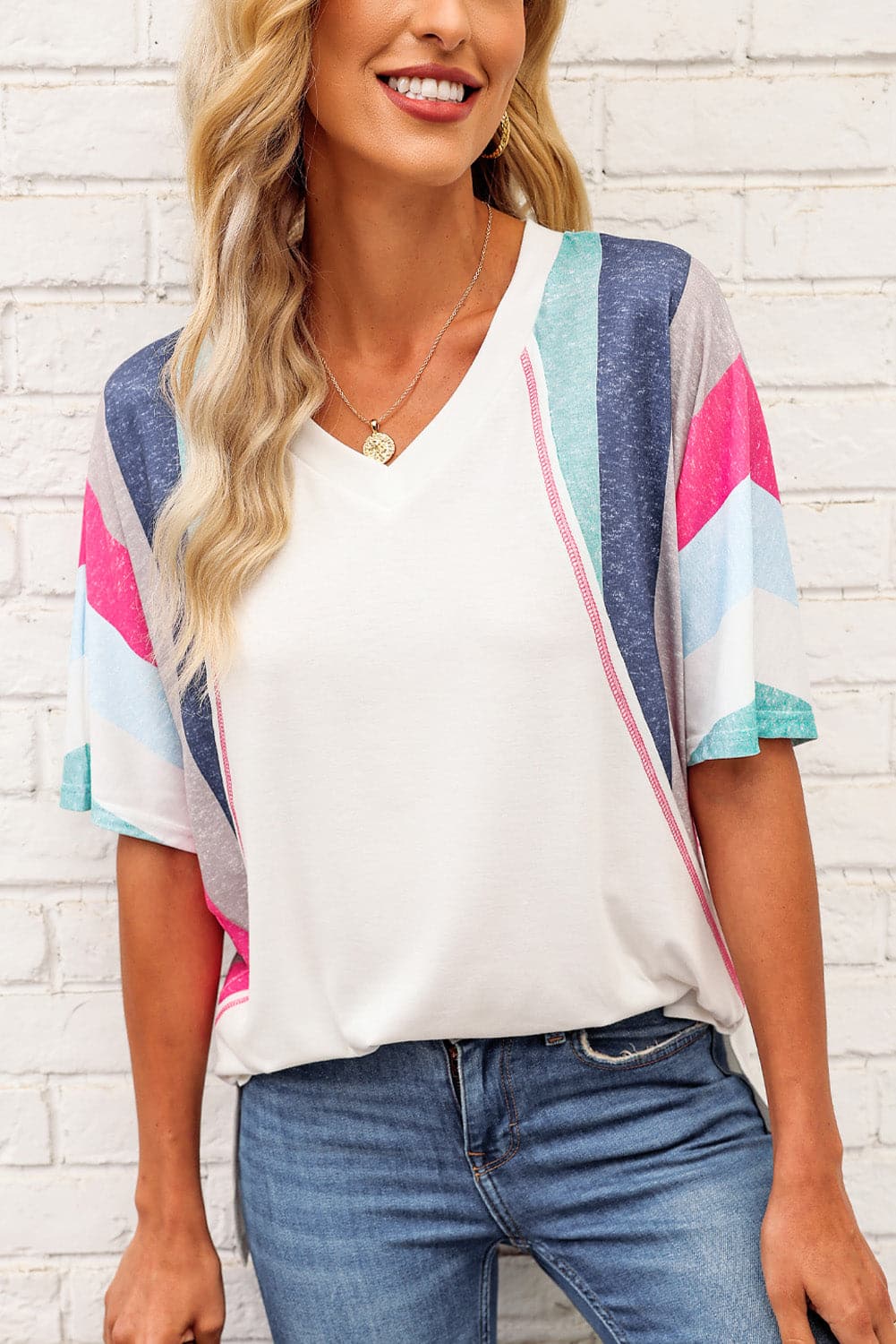 Rainbow Stripe Slit V-Neck T-Shirt.